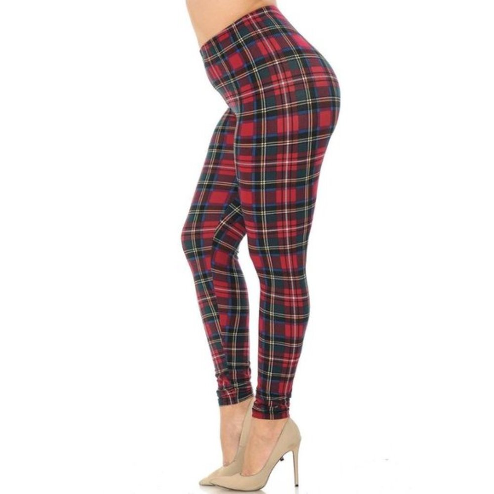 PLUS SIZE LEGGINGS Tartan Burgandy, Black and Green Plaid (Fits 14-20)